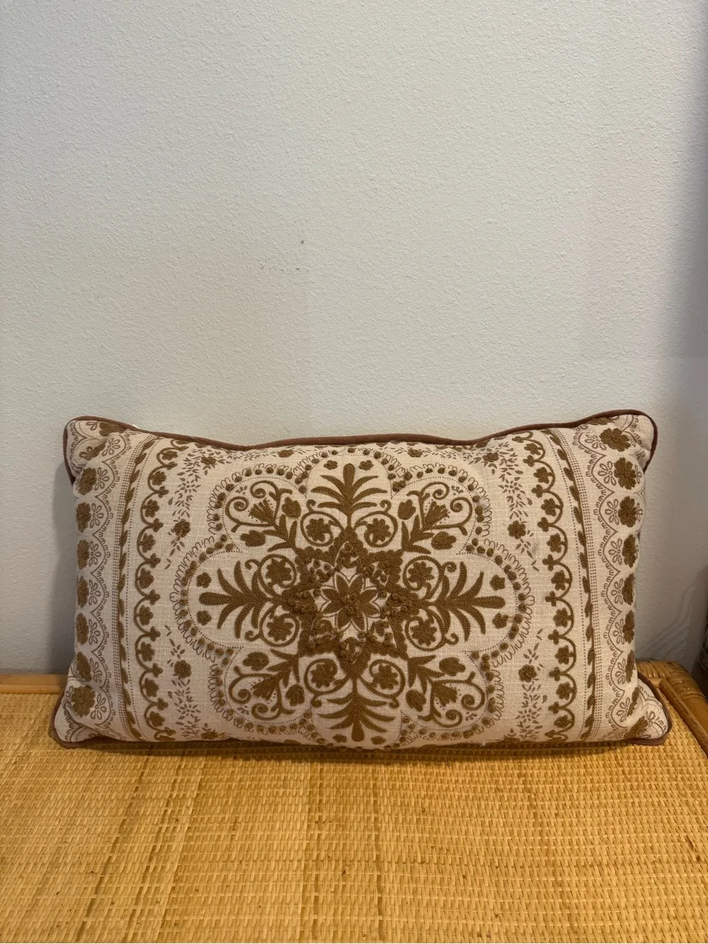 Anthropologie 14x24 Cream and Brown Embroidered Medallion Lumbar Pillow